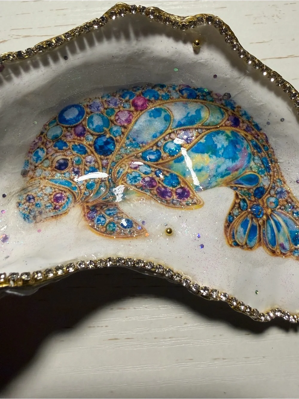 Handmade decoupage stain glass manatee oyster shell trinket dish